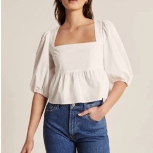 Abercrombie & Fitch Puff Sleeve Poplin Squareneck Top